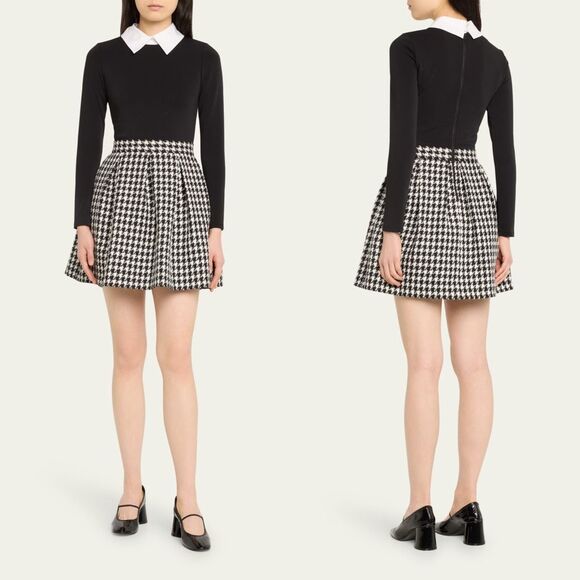 NWT Alice + Olivia Houndstooth Chara Long-Sleeve Pleated Mini Dress Size 10 $440
